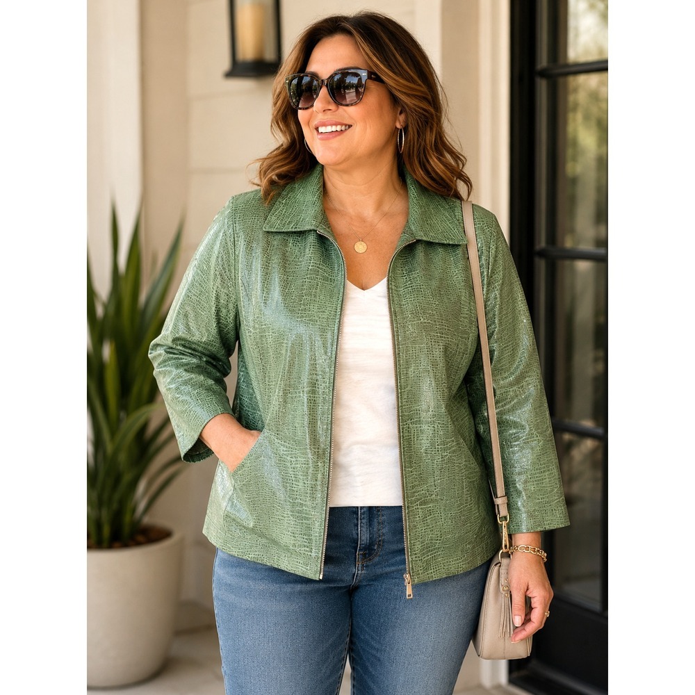 ALFANI Embossed Genuine Leather Jacket Plus Size 2X  Full Zip Sage Green  EUC
